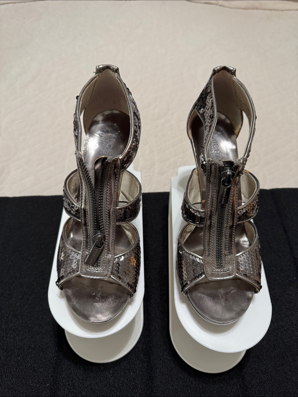 Michael Kors Metallic Silver Sequin Women's Zip-Front Heels 7.5